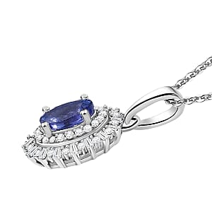 D'Joy AAA Tanzanite, Diamond Pendant Necklace in Rhodium Over Sterling Silver 1.10 ctw (20 Inches)