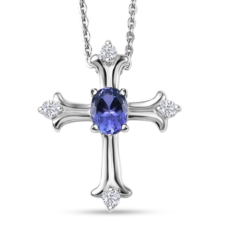 D'Joy AAA Tanzanite, White Zircon Cross Pendant Necklace in Rhodium Over Sterling Silver 0.50 ctw (20 Inches)