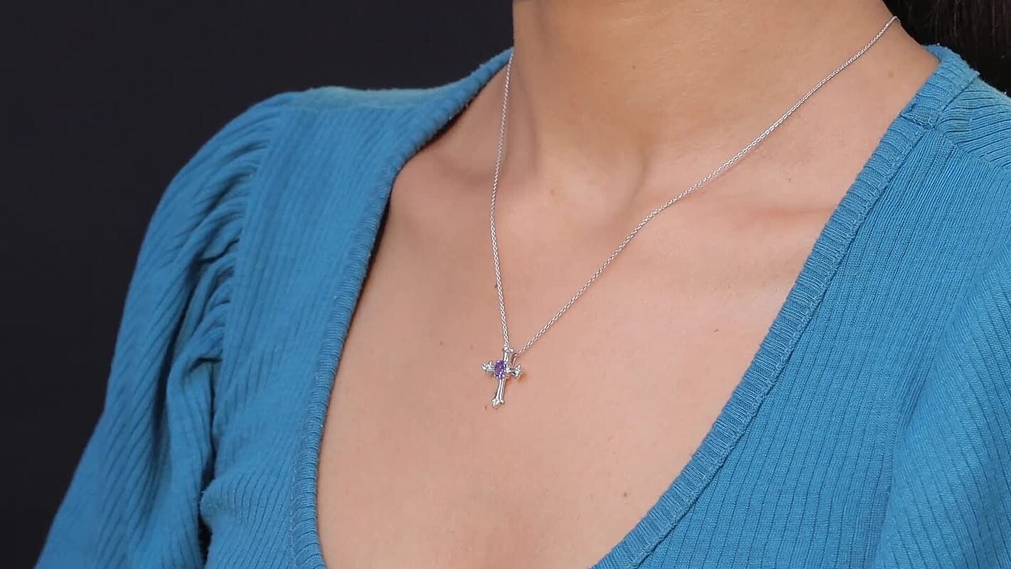 D'Joy AAA Tanzanite, White Zircon Cross Pendant Necklace in Rhodium Over Sterling Silver 0.50 ctw (20 Inches)