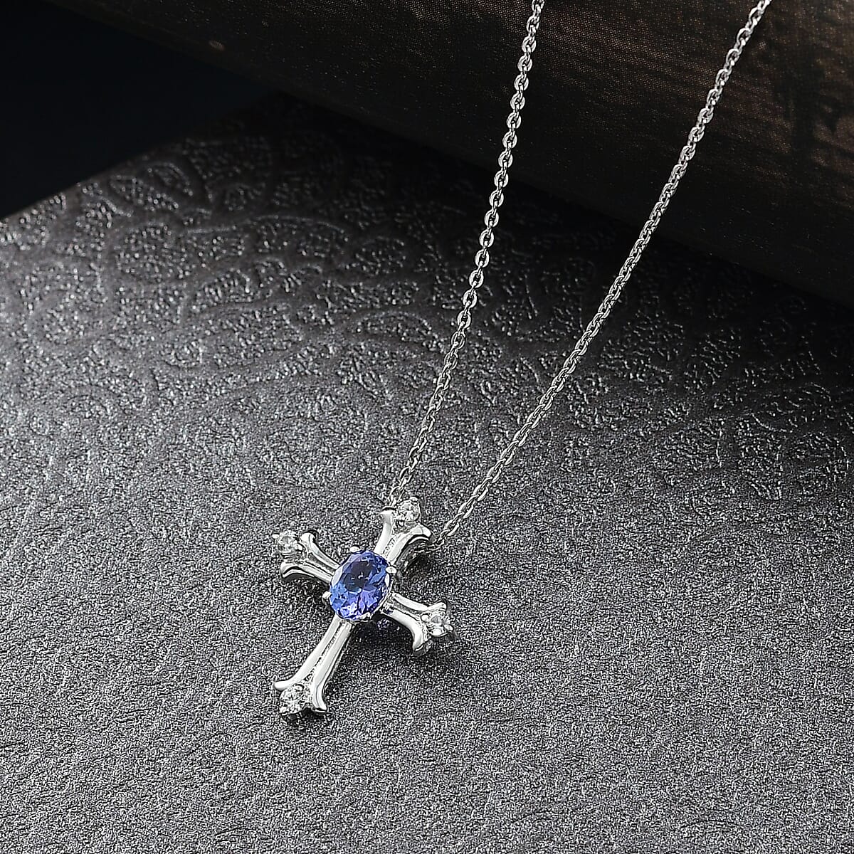 D'Joy AAA Tanzanite and White Zircon 0.50 ctw Royale Cross Pendant Necklace in Rhodium Over Sterling Silver 20 Inches image number 1