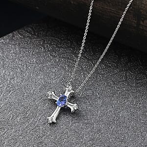 D'Joy AAA Tanzanite, White Zircon Cross Pendant Necklace in Rhodium Over Sterling Silver 0.50 ctw (20 Inches)