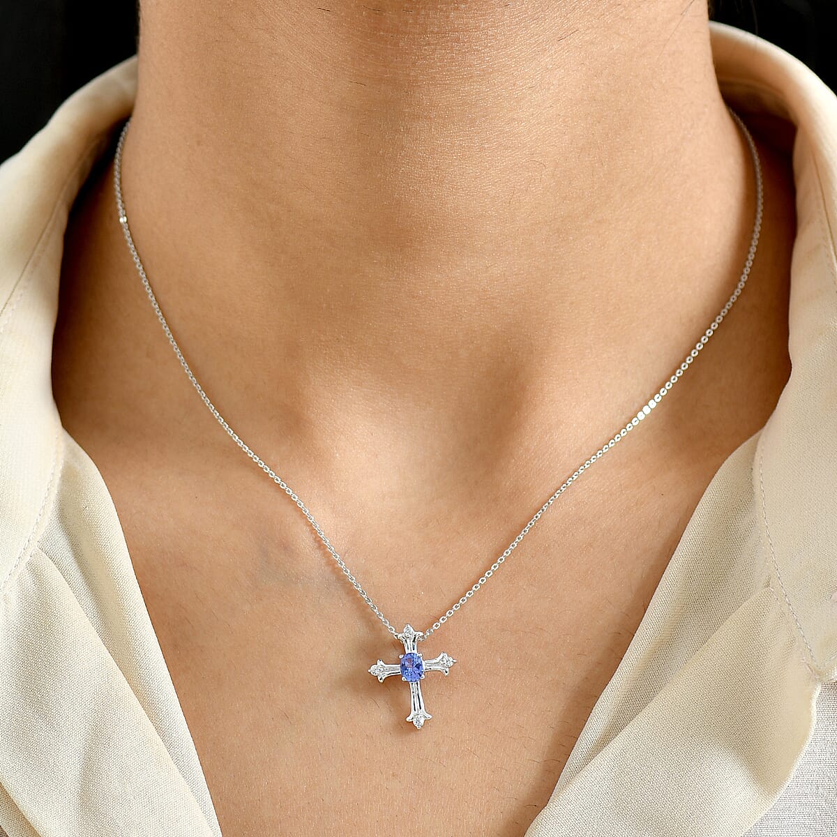 D'Joy AAA Tanzanite and White Zircon 0.50 ctw Royale Cross Pendant Necklace in Rhodium Over Sterling Silver 20 Inches image number 2