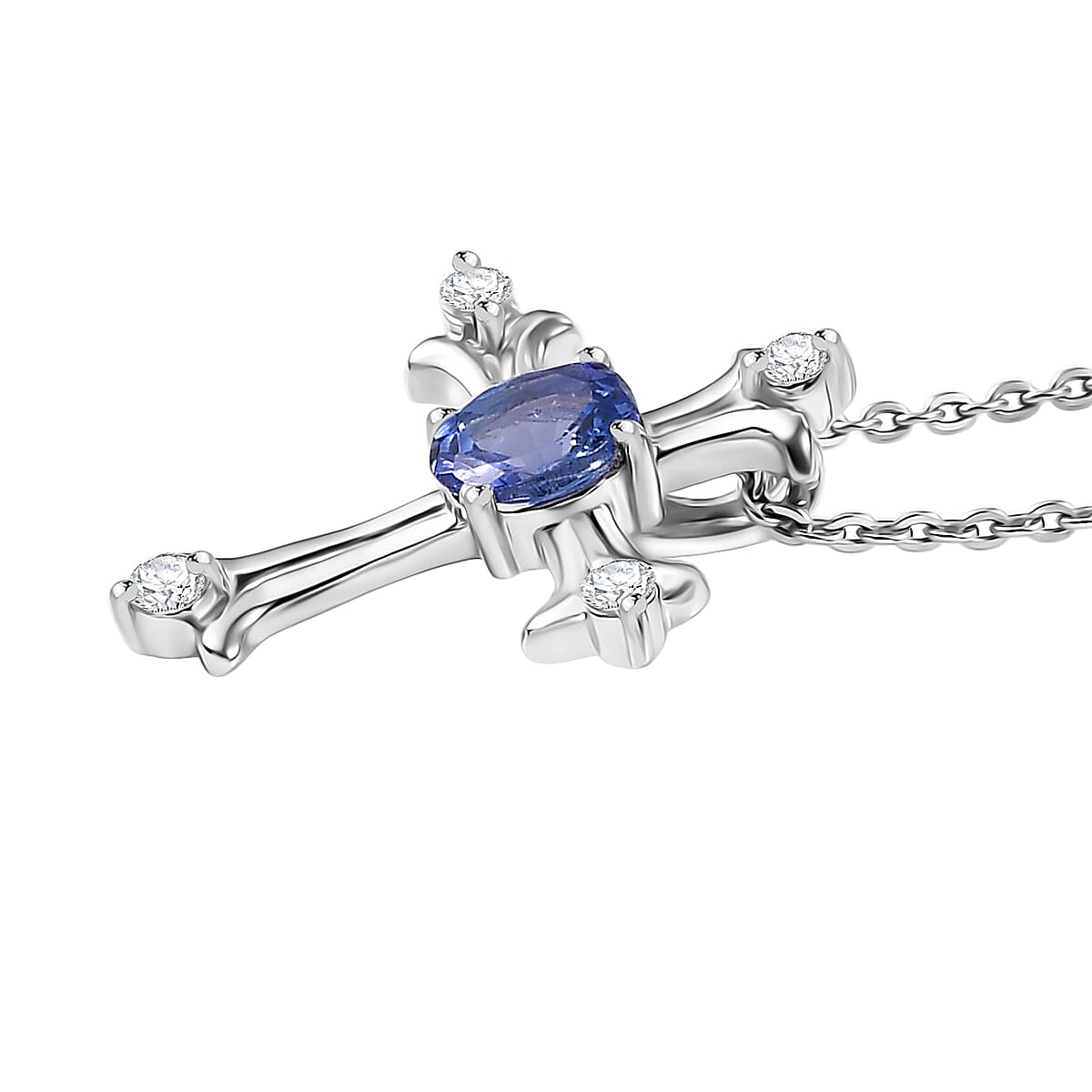 D'Joy AAA Tanzanite and White Zircon 0.50 ctw Royale Cross Pendant Necklace in Rhodium Over Sterling Silver 20 Inches image number 3