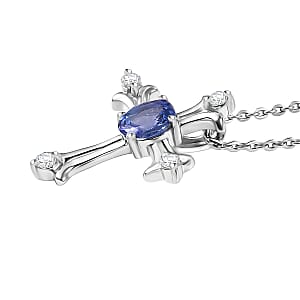 D'Joy AAA Tanzanite, White Zircon Cross Pendant Necklace in Rhodium Over Sterling Silver 0.50 ctw (20 Inches)