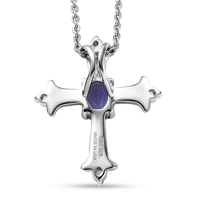 D'Joy AAA Tanzanite, White Zircon Cross Pendant Necklace in Rhodium Over Sterling Silver 0.50 ctw (20 Inches)