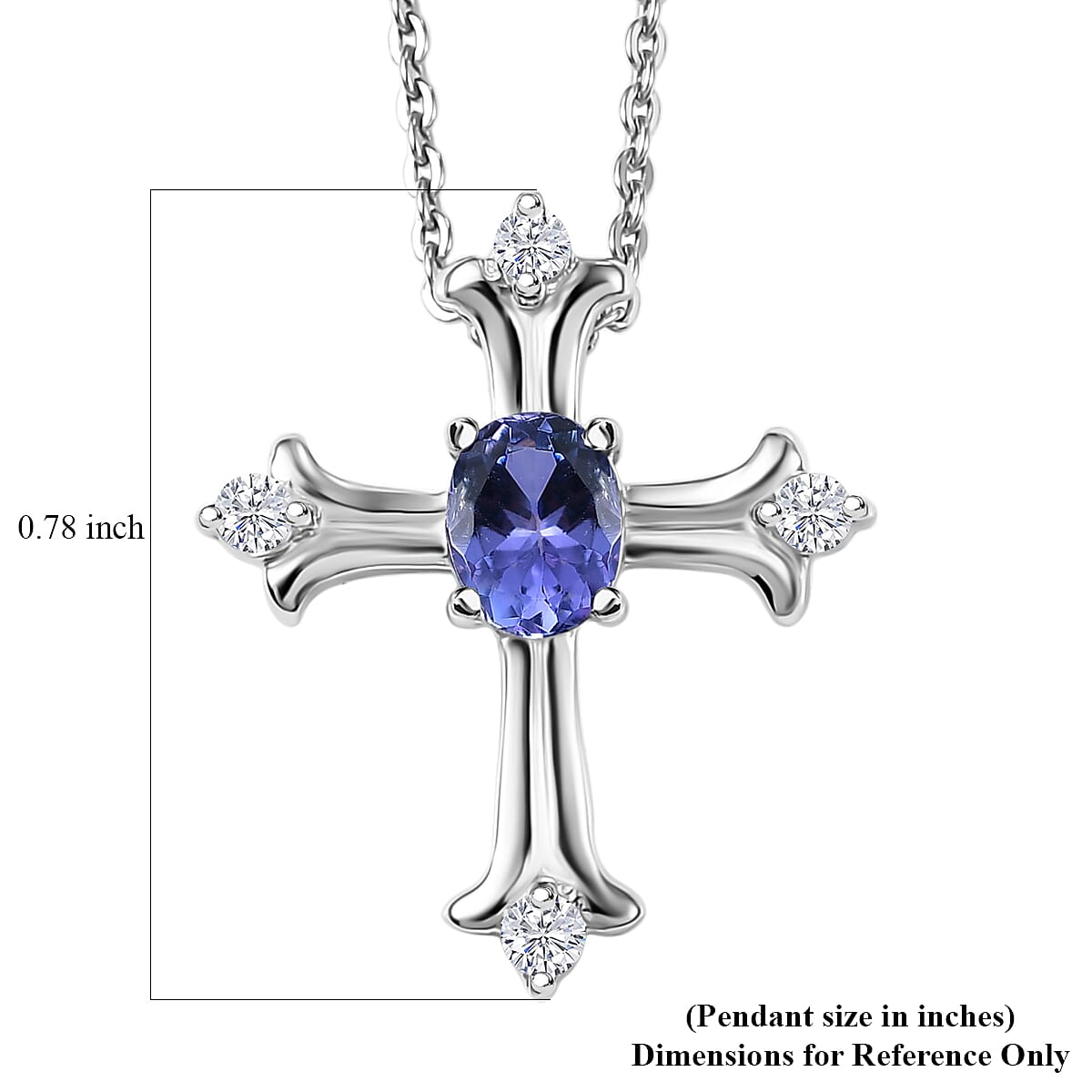 D'Joy AAA Tanzanite, White Zircon Cross Pendant Necklace in Rhodium Over Sterling Silver 0.50 ctw (20 Inches)