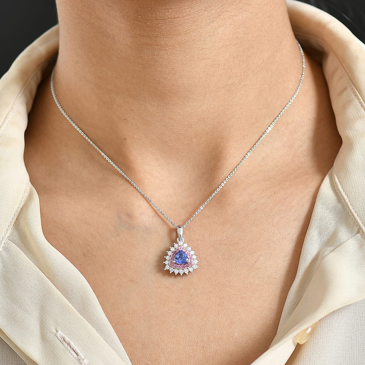 D'Joy AAA Tanzanite, Multi Gemstone Pendant Necklace in Rhodium Over Sterling Silver 1.60 ctw (20 Inches) image number 2