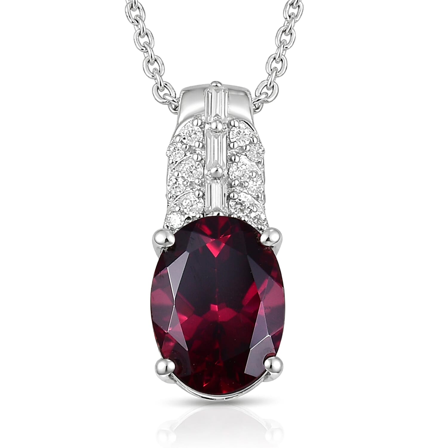 D'Joy Orissa Rhodolite Garnet and Moissanite 2.30 ctw Victorian Crown Scroll Pendant Necklace in Rhodium Over Sterling Silver 20