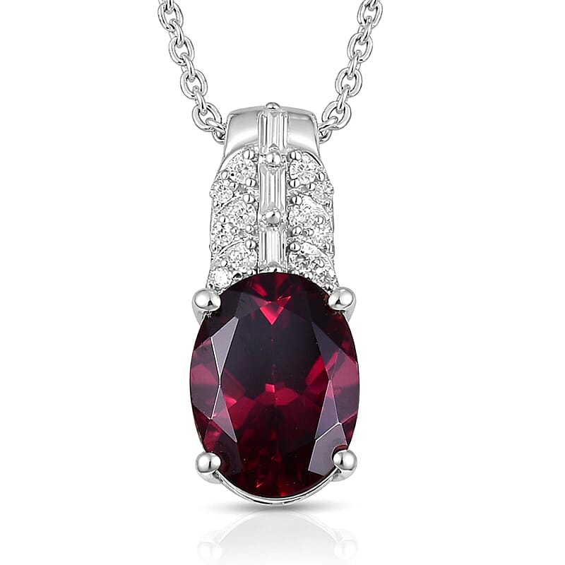 D'Joy Orissa Rhodolite Garnet and Moissanite 2.30 ctw Victorian Crown Scroll Pendant Necklace in Rhodium Over Sterling Silver 20 Inches