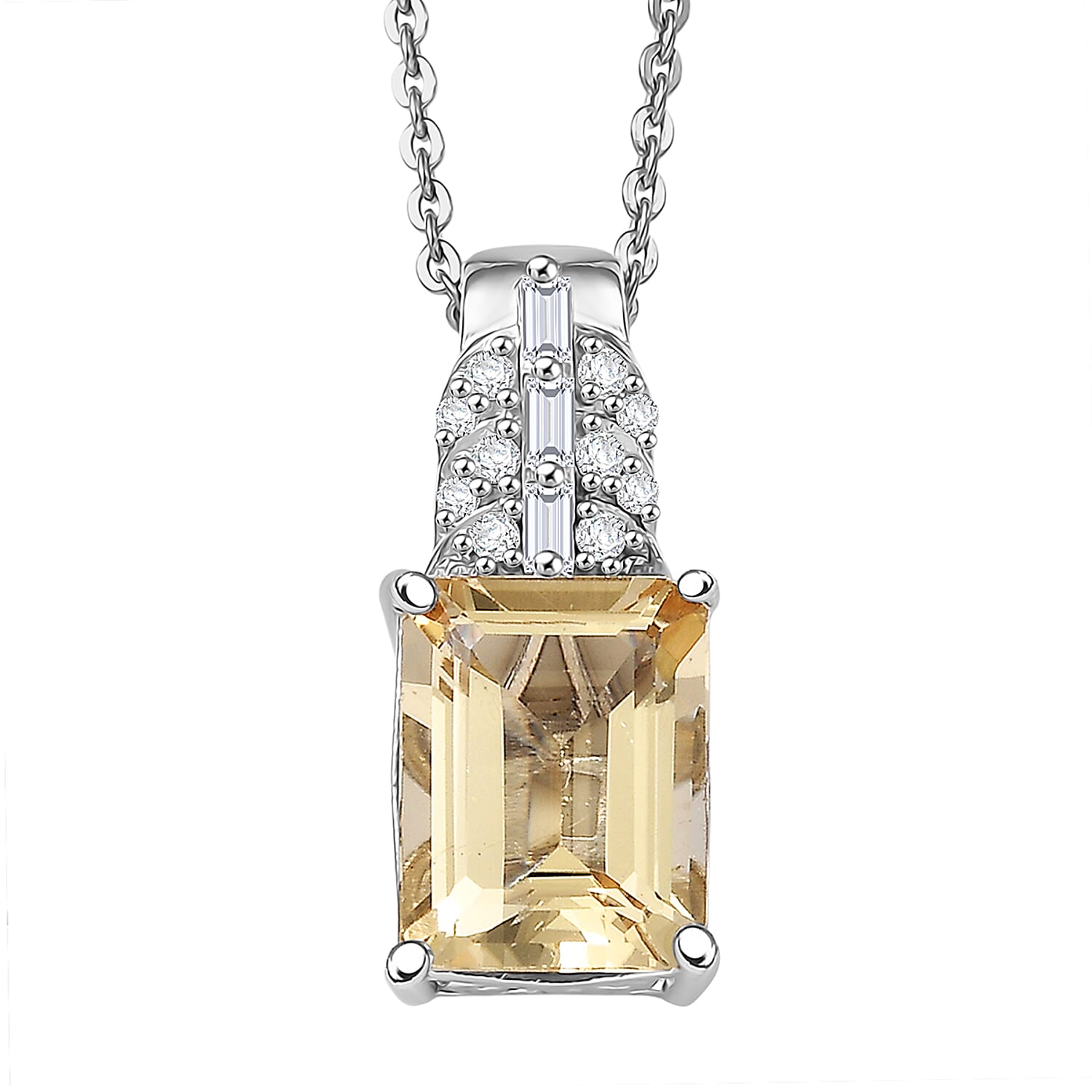 D'Joy Brazilian Heliodor and Moissanite 2.15 ctw Victorian Crown Scroll Pendant Necklace in Rhodium Over Sterling Silver 20 Inch