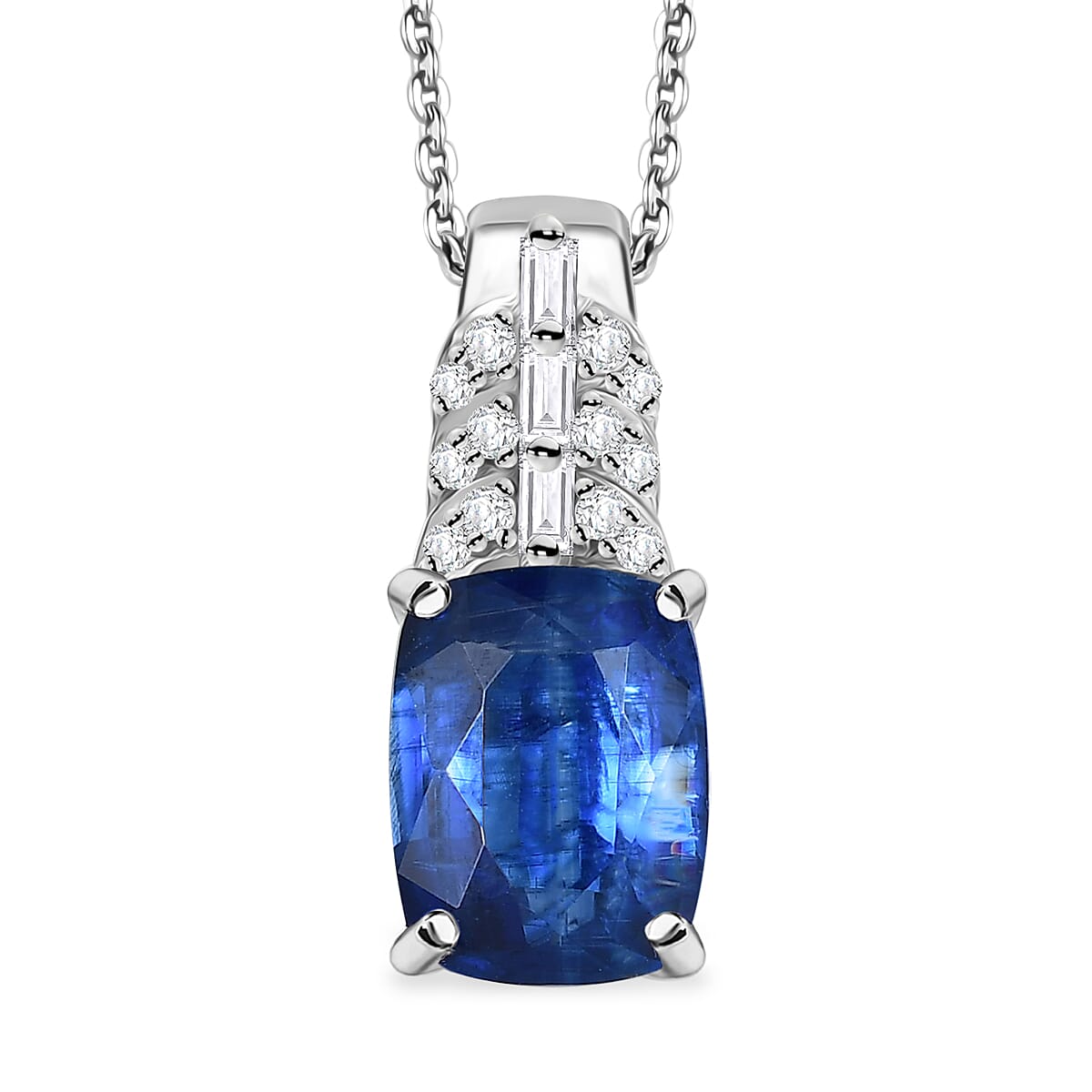 D'Joy Kashmir Kyanite and Moissanite 2.70 ctw Victorian Crown Scroll Pendant Necklace in Rhodium Over Sterling Silver 20 Inches