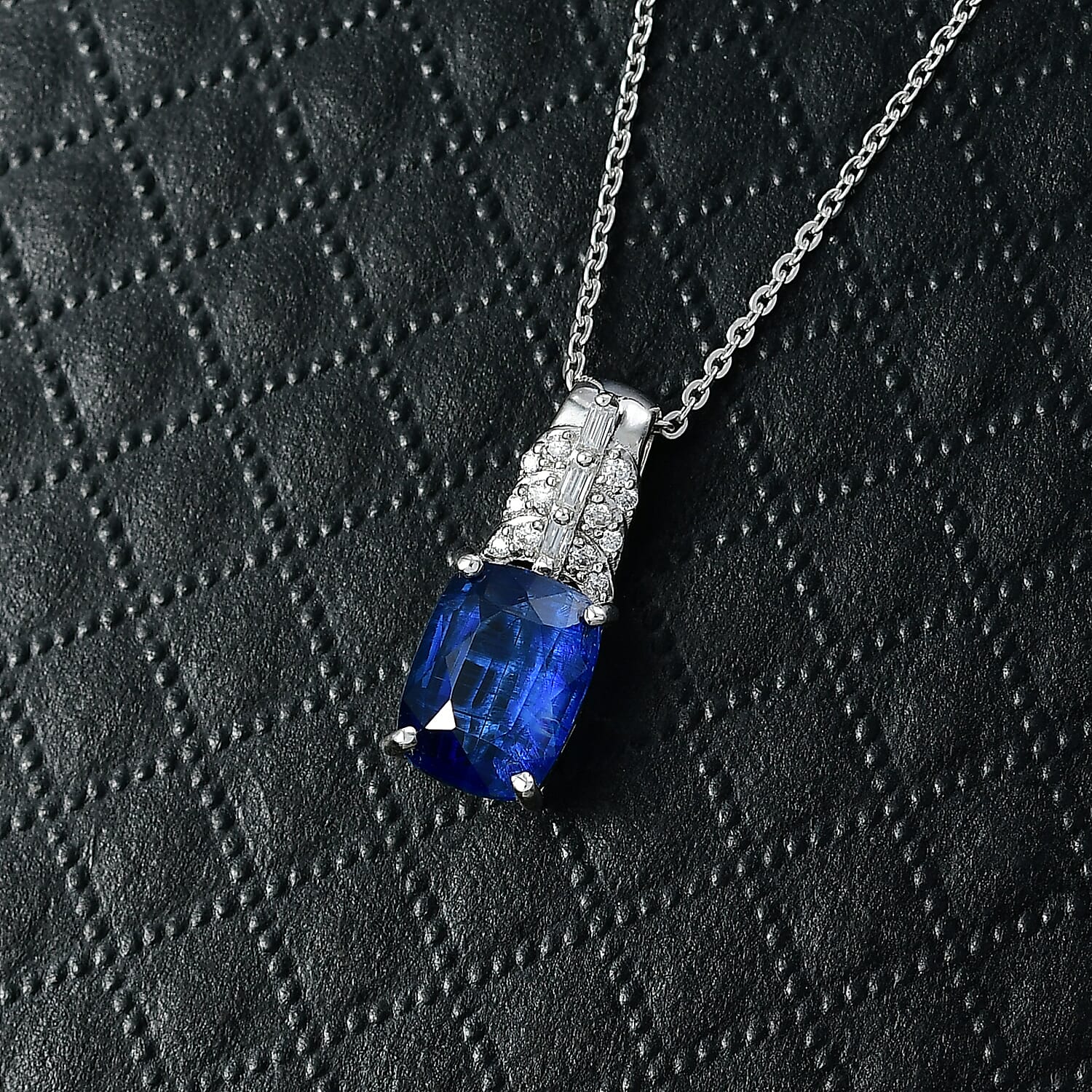 D'Joy Kashmir Kyanite and Moissanite 2.70 ctw Victorian Crown Scroll Pendant Necklace in Rhodium Over Sterling Silver 20 Inches