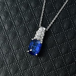D'Joy Kashmir Kyanite, Moissanite Pendant Necklace in Rhodium Over Sterling Silver 2.70 ctw (20 Inches)