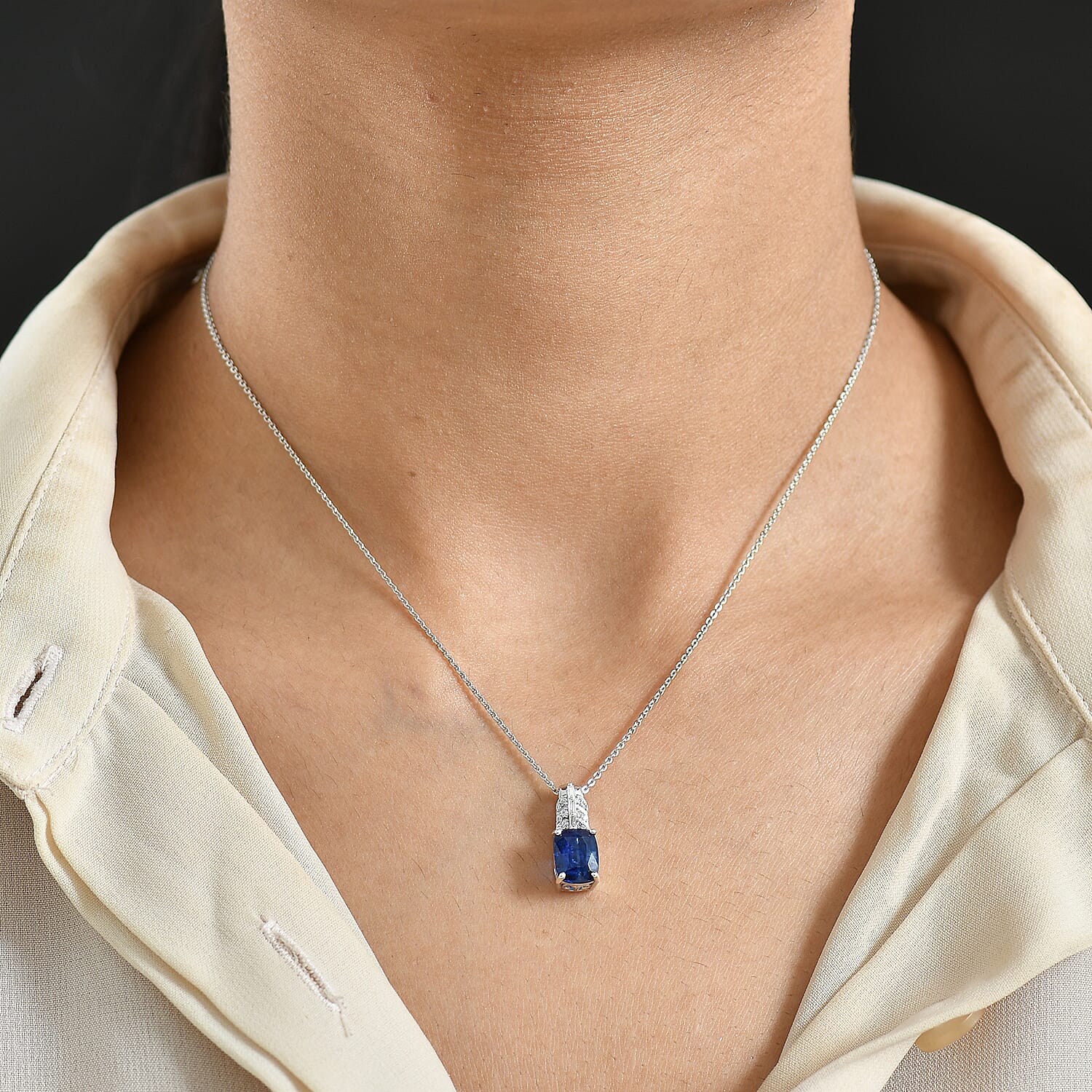 D'Joy Kashmir Kyanite and Moissanite 2.70 ctw Victorian Crown Scroll Pendant Necklace in Rhodium Over Sterling Silver 20 Inches