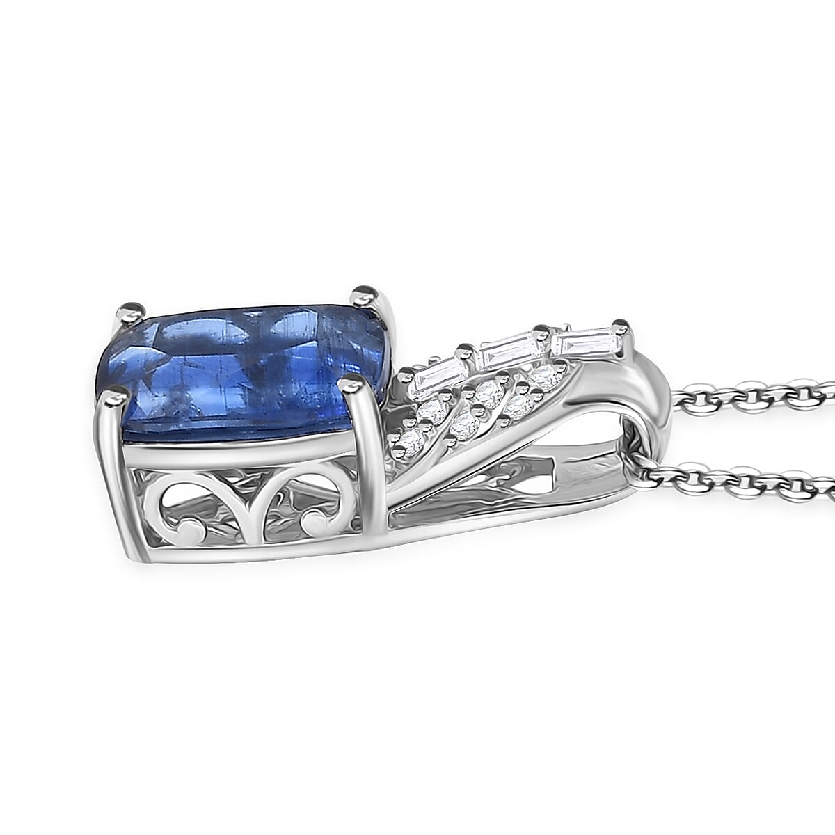 D'Joy Kashmir Kyanite and Moissanite 2.70 ctw Victorian Crown Scroll Pendant Necklace in Rhodium Over Sterling Silver 20 Inches