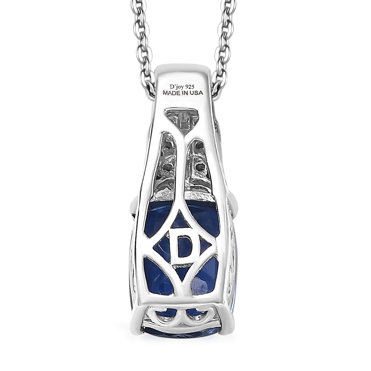 D'Joy Kashmir Kyanite and Moissanite 2.70 ctw Victorian Crown Scroll Pendant Necklace in Rhodium Over Sterling Silver 20 Inches