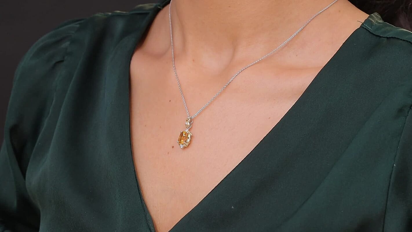 GP Royal Art Deco Collection Brazilian Citrine, Zircon Pendant Necklace in 18K Vermeil YG and Rhodium Over Sterling Silver 1.60 ctw (20 Inches)  (Del. in 12-15 Days)