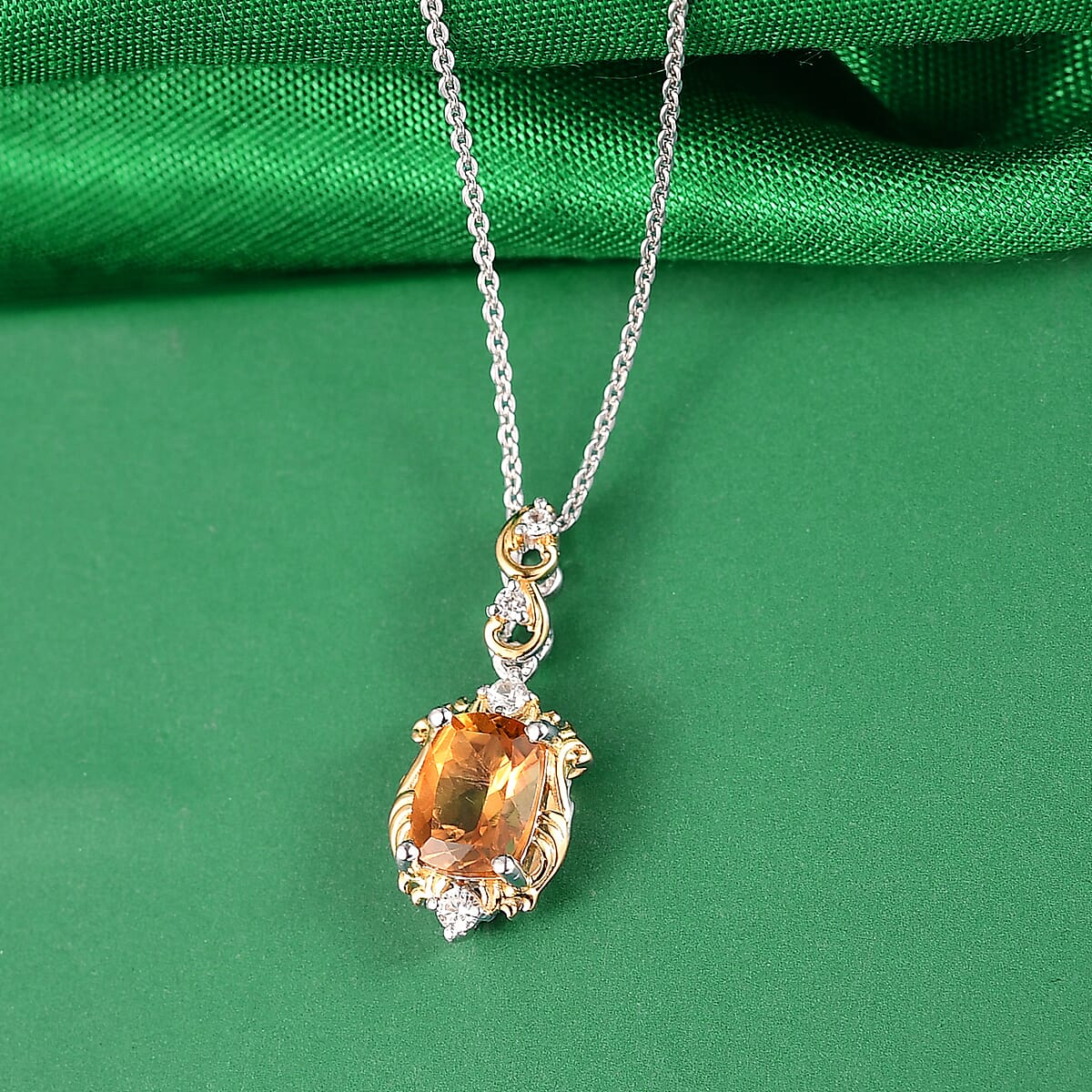 GP Royal Art Deco Collection Premium Brazilian Citrine and White Zircon 1.60 ctw Pendant Necklace in 18K Vermeil YG and Rhodium Over Sterling Silver 20 Inches (Del. in 12-15 Days)  image number 1