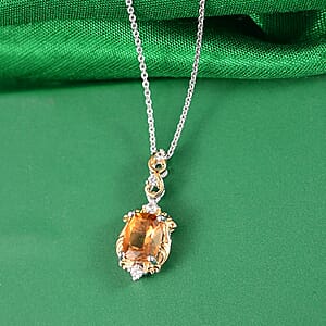 GP Royal Art Deco Collection Brazilian Citrine, Zircon Pendant Necklace in 18K Vermeil YG and Rhodium Over Sterling Silver 1.60 ctw (20 Inches)  (Del. in 12-15 Days)