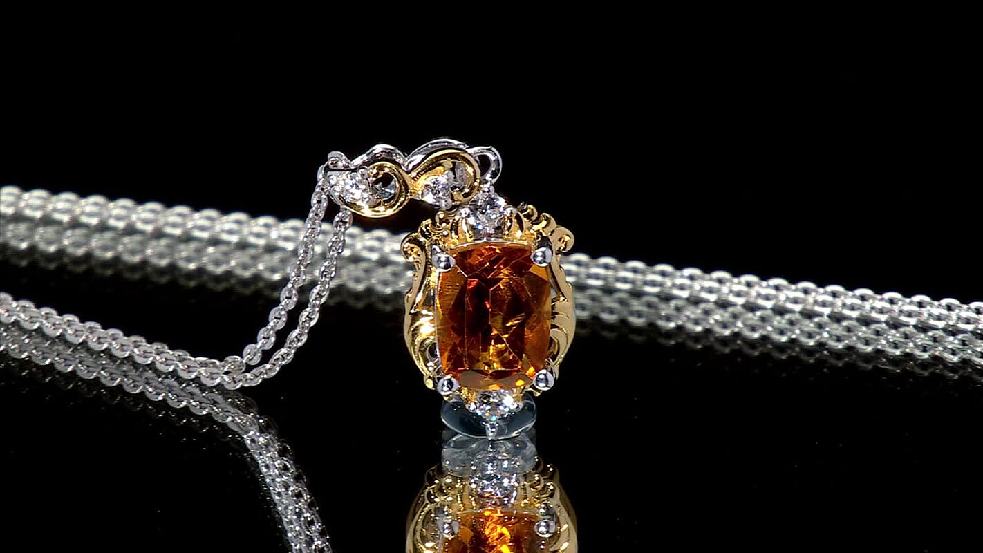 GP Royal Art Deco Collection Brazilian Citrine, Zircon Pendant Necklace in 18K Vermeil YG and Rhodium Over Sterling Silver 1.60 ctw (20 Inches)  (Del. in 12-15 Days)