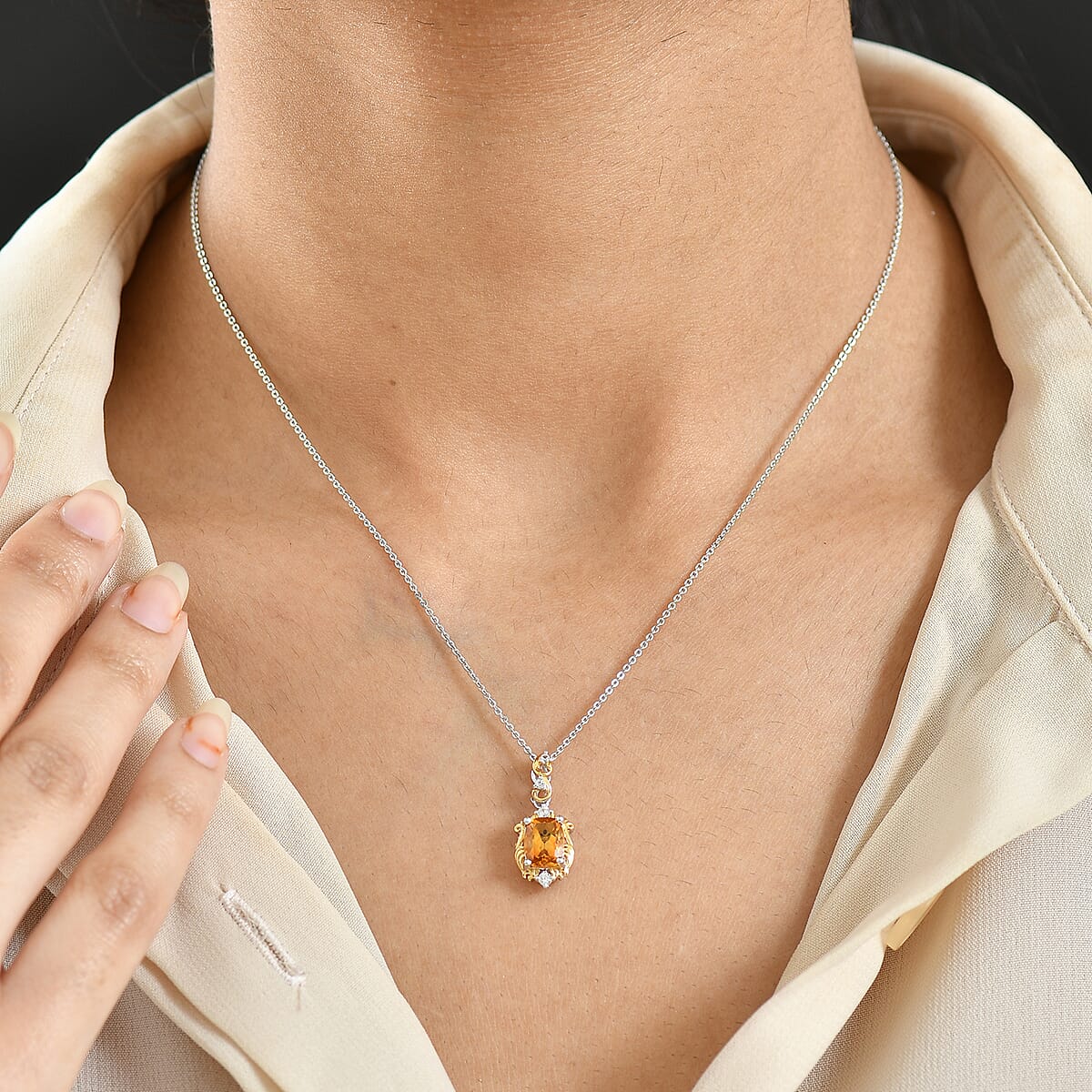 GP Royal Art Deco Collection Premium Brazilian Citrine and White Zircon 1.60 ctw Pendant Necklace in 18K Vermeil YG and Rhodium Over Sterling Silver 20 Inches (Del. in 12-15 Days)  image number 3