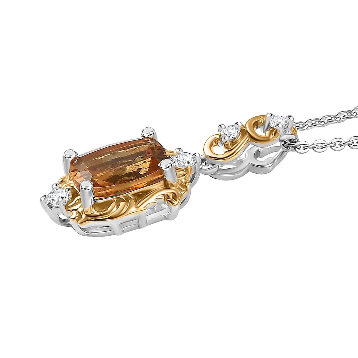 GP Royal Art Deco Collection Premium Brazilian Citrine and White Zircon 1.60 ctw Pendant Necklace in 18K Vermeil YG and Rhodium Over Sterling Silver 20 Inches (Del. in 12-15 Days)  image number 4