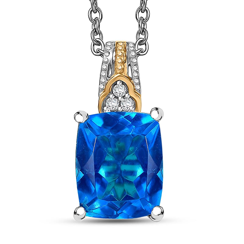 EverTrue Caribbean Quartz (Triplet) and White Zircon 4.40 ctw Pendant in 18K YG Plated with ION Plated YG Stainless Steel Necklace 20 Inches