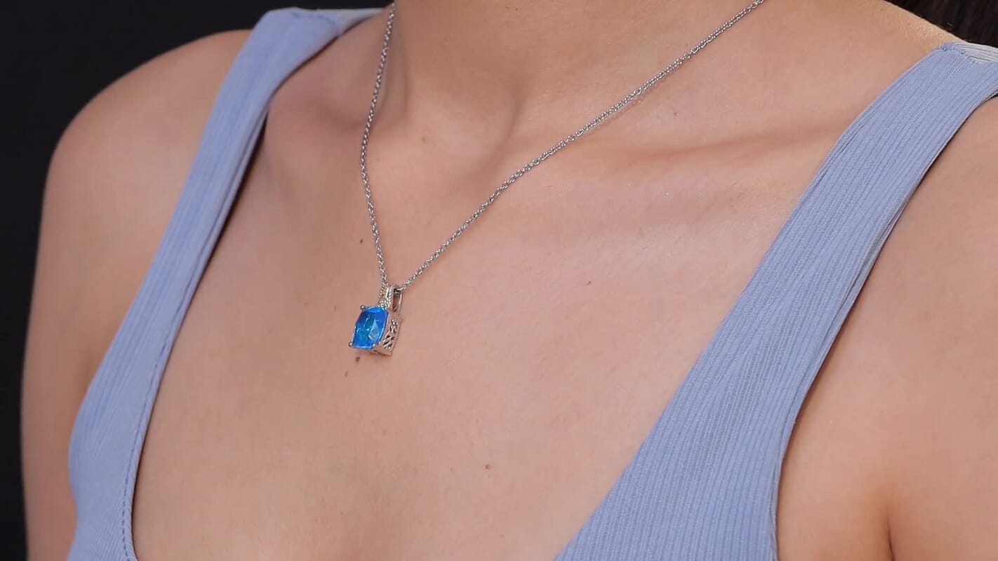 EverTrue Caribbean Quartz and White Zircon 4.40 ctw Pendant in 18K YG Plated with ION Plated YG Stainless Steel Necklace 20 Inches