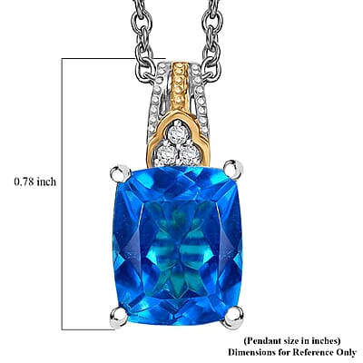 EverTrue Caribbean Quartz (Triplet) and White Zircon 4.40 ctw Pendant in 18K YG Plated with ION Plated YG Stainless Steel Necklace 20 Inches