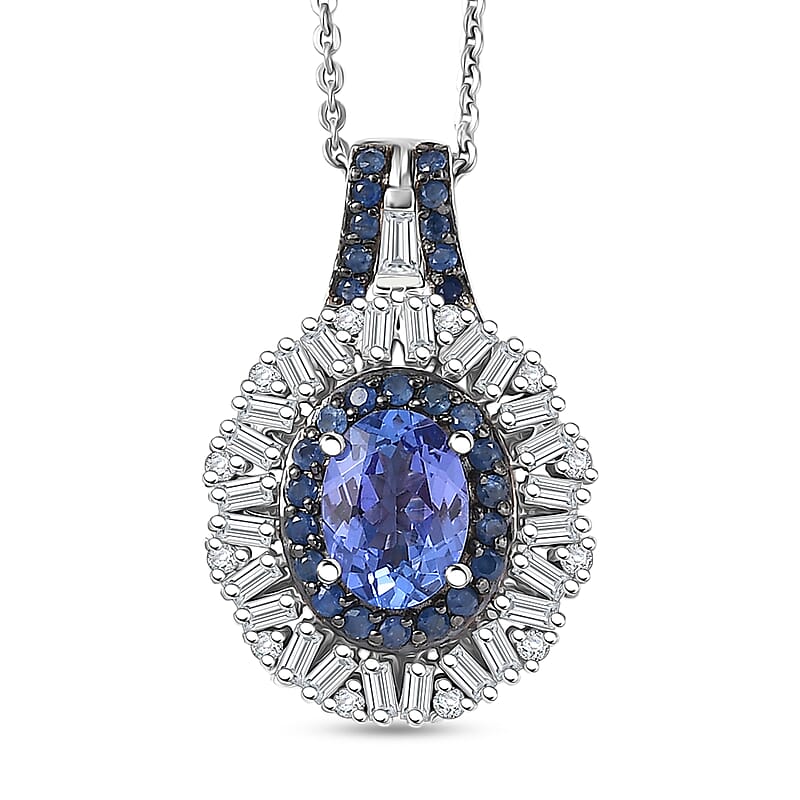 D'Joy Premium Tanzanite and Multi Gemstone 1.80 ctw Sunburst Pendant Necklace in Rhodium Over Sterling Silver 20 Inches
