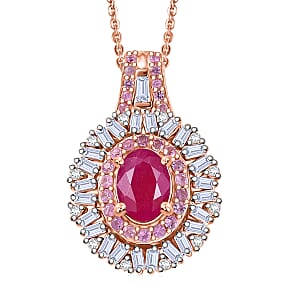 D'Joy Montepuez Ruby, Multi Gemstone Pendant Necklace in 18K Vermeil RG Over Sterling Silver 1.80 ctw (20 Inches)