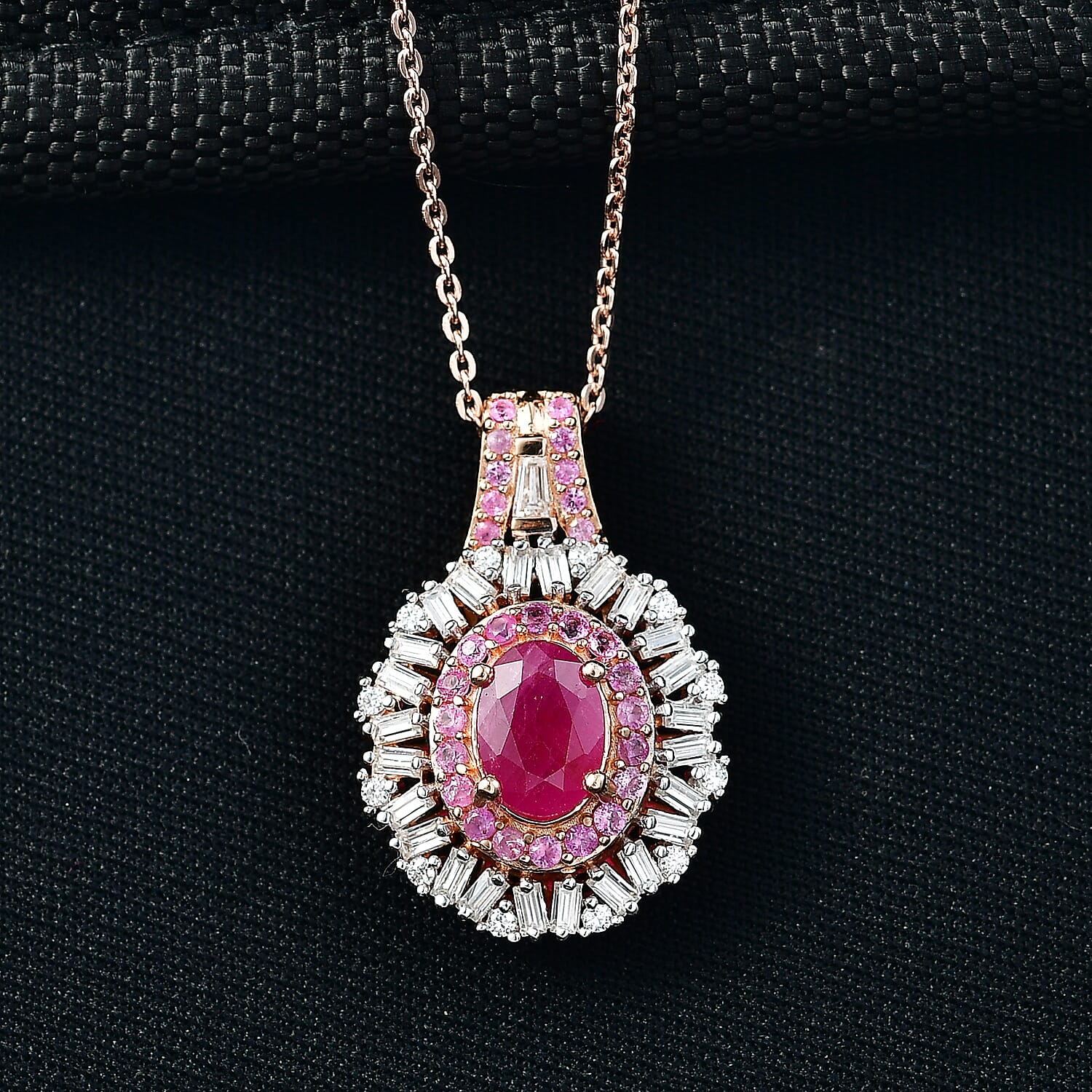 Doorbuster D'Joy Montepuez Ruby, Multi Gemstone Sunburst Pendant Necklace in 18K Vermeil RG Over Sterling Silver 1.80 ctw (20 Inches)