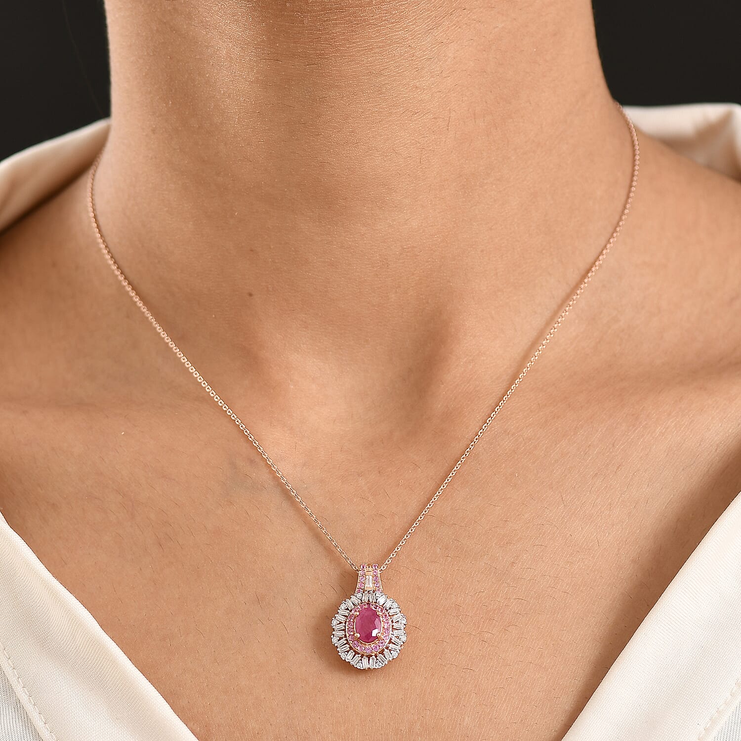 Doorbuster D'Joy Montepuez Ruby, Multi Gemstone Sunburst Pendant Necklace in 18K Vermeil RG Over Sterling Silver 1.80 ctw (20 Inches)