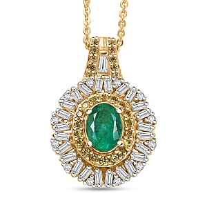 D'Joy Kagem Zambian Emerald, Multi Gemstone Sunburst Pendant Necklace in 18K Vermeil YG Over Sterling Silver 1.60 ctw (20 Inches)