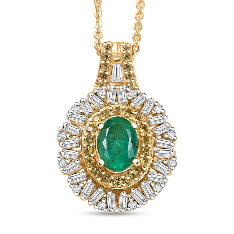 D'Joy Kagem Zambian Emerald, Multi Gemstone Sunburst Pendant Necklace in 18K Vermeil YG Over Sterling Silver 1.60 ctw (20 Inches)