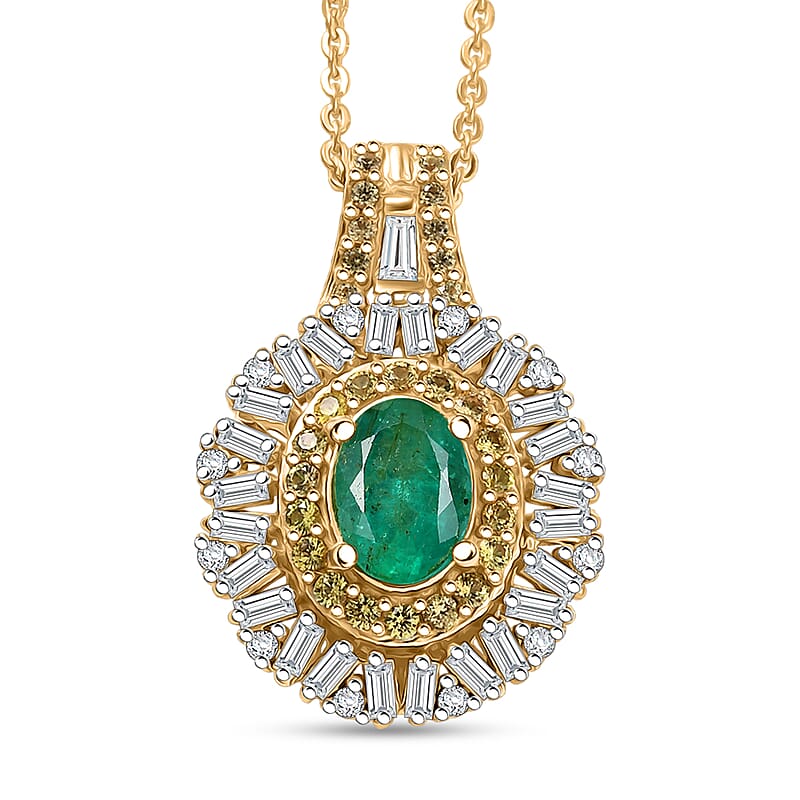 D'Joy Kagem Zambian Emerald, Multi Gemstone Sunburst Pendant Necklace in 18K Vermeil YG Over Sterling Silver 1.60 ctw (20 Inches)