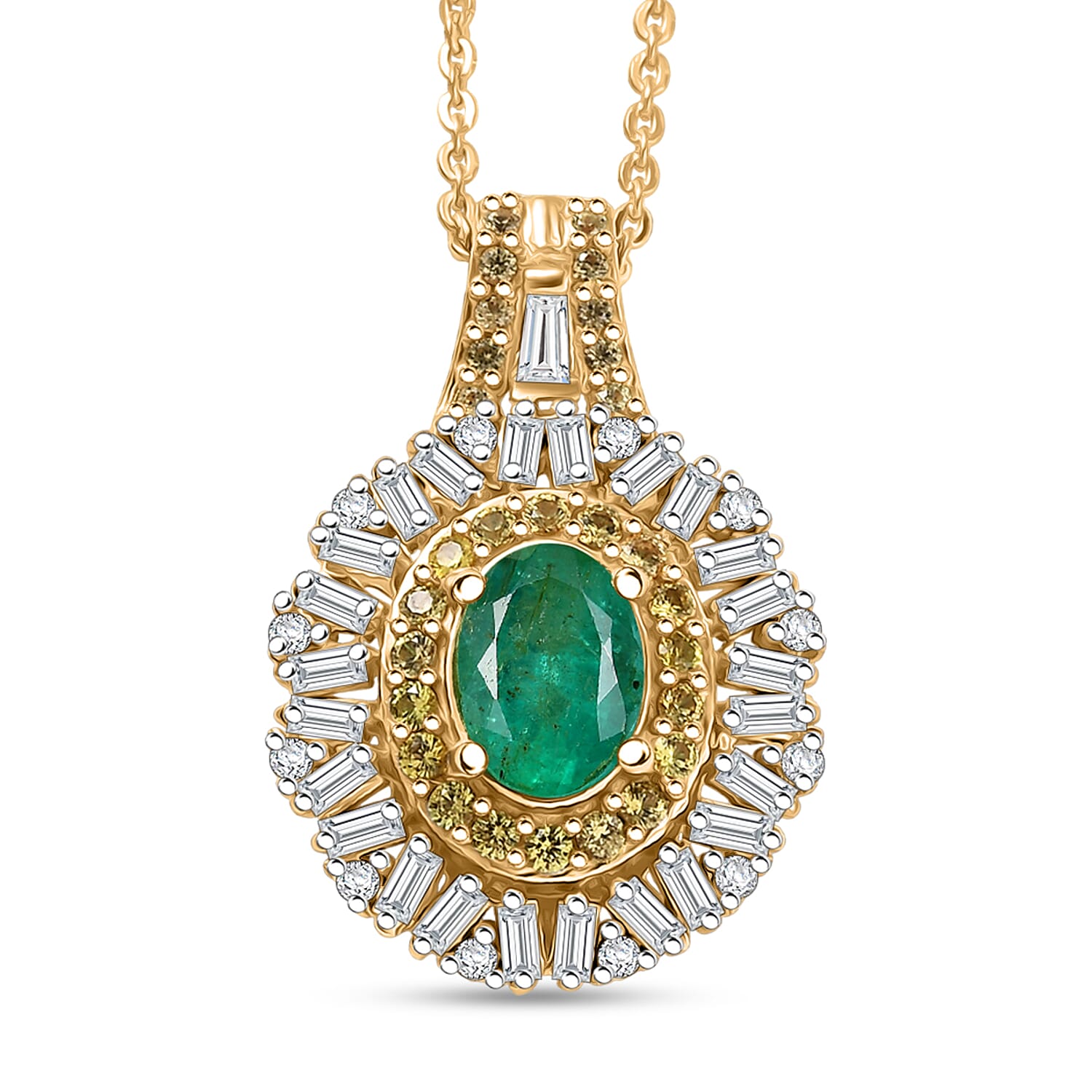D'Joy Kagem Zambian Emerald and Multi Gemstone 1.60 ctw Sunburst Pendant Necklace in 18K Vermeil Yellow Gold Over Sterling Silv