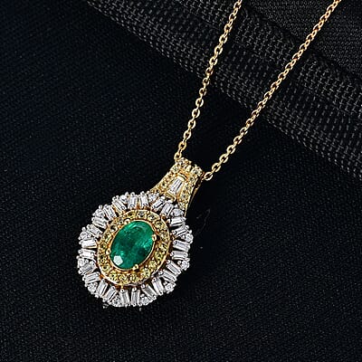 D'Joy Kagem Zambian Emerald, Multi Gemstone Sunburst Pendant Necklace in 18K Vermeil YG Over Sterling Silver 1.60 ctw (20 Inches)