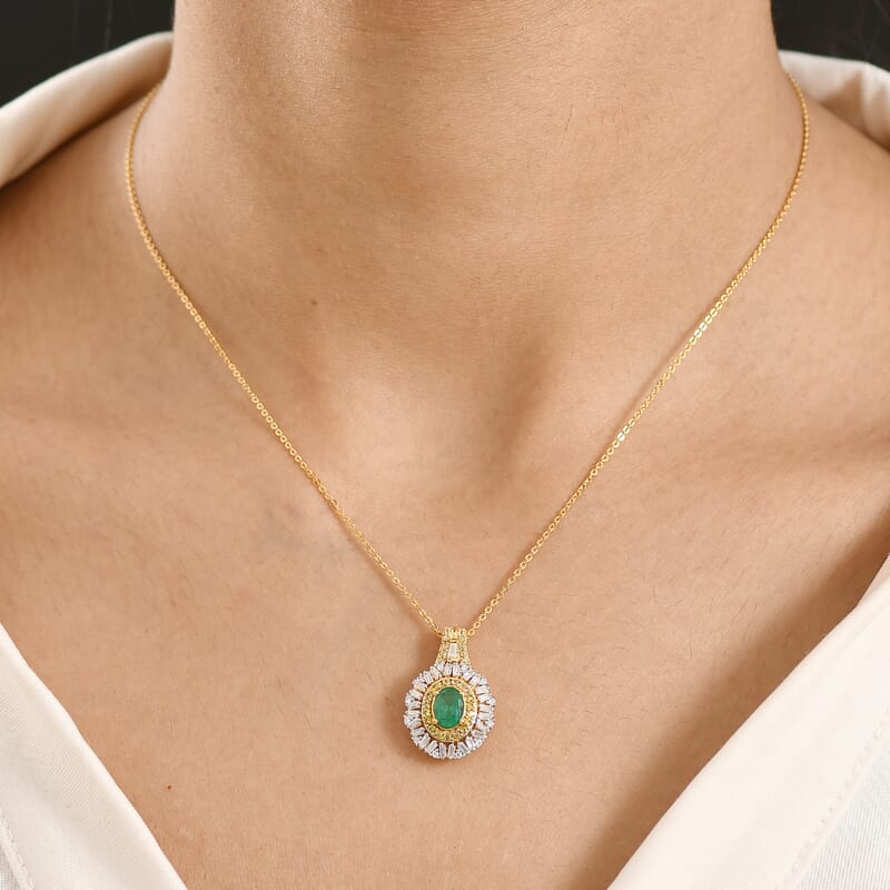 D'Joy Kagem Zambian Emerald, Multi Gemstone Sunburst Pendant Necklace in 18K Vermeil YG Over Sterling Silver 1.60 ctw (20 Inches)