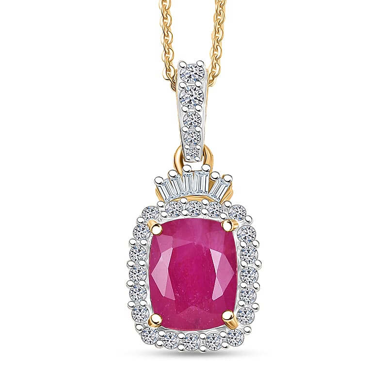 Premium Royal Ruby and Luxuriant Lab Grown Diamond G-H SI 3.80 ctw Scarlet Crown Jewel Pendant Necklace in 18K Vermeil Yellow Gold Over Sterling Silver 20 Inches