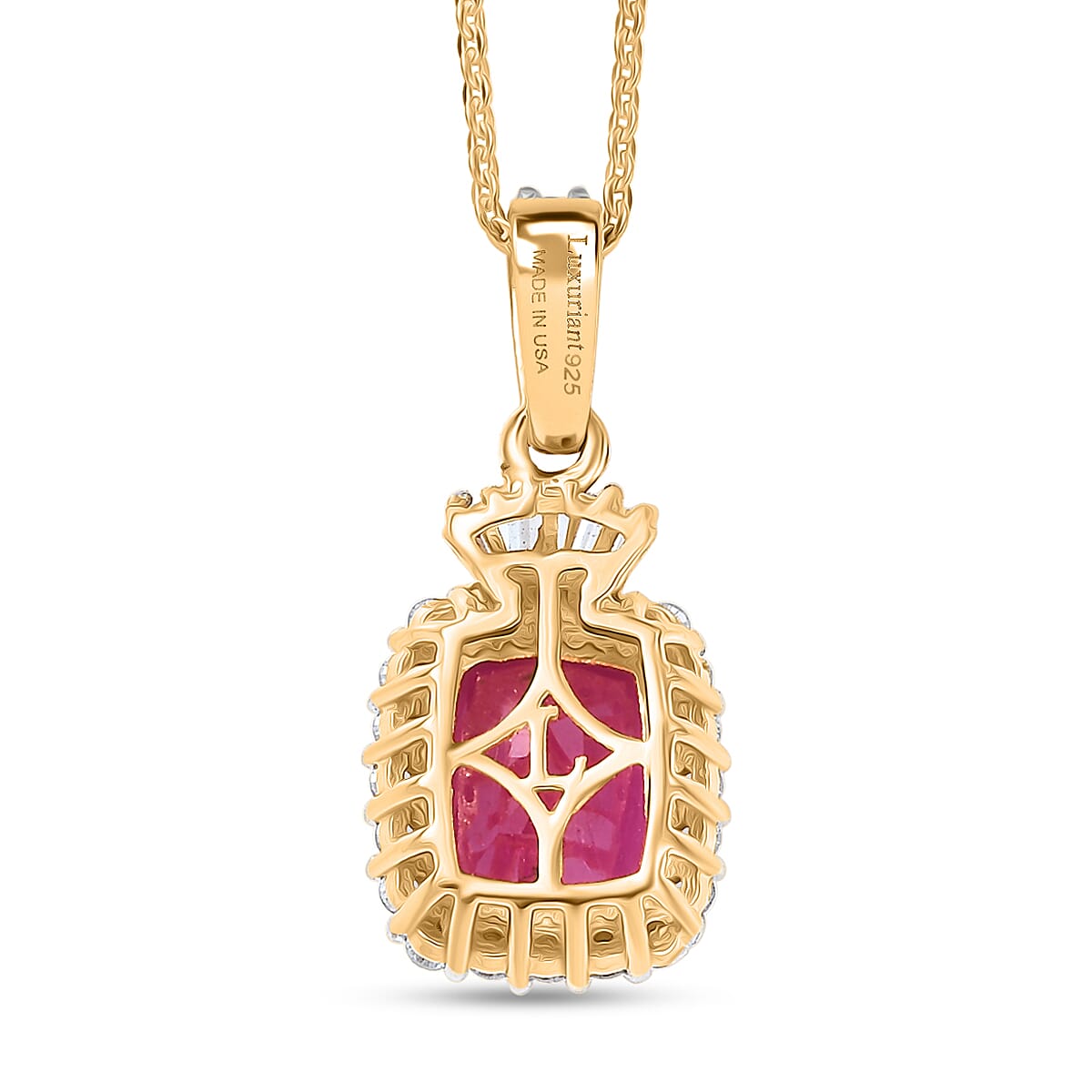 Premium Royal Ruby and Luxuriant Lab Grown Diamond G-H SI 3.80 ctw Pendant Necklace in 18K Vermeil Yellow Gold Over Sterling Silver 20 Inches image number 4