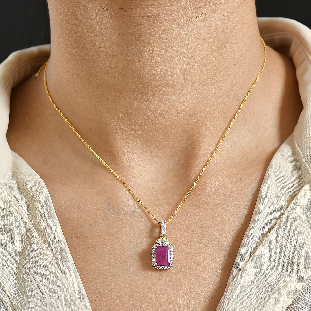 Premium Royal Ruby and Luxuriant Lab Grown Diamond G-H SI 3.70 ctw Pendant Necklace in 18K Vermeil Yellow Gold Over Sterling Silver 20 Inches image number 2