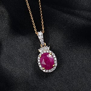 Premium Royal Ruby and Lab Grown Diamond 3.15 ctw Scarlet Crown Jewel Pendant Necklace in 18K Vermeil Yellow Gold Over Sterling Silver 20 Inches