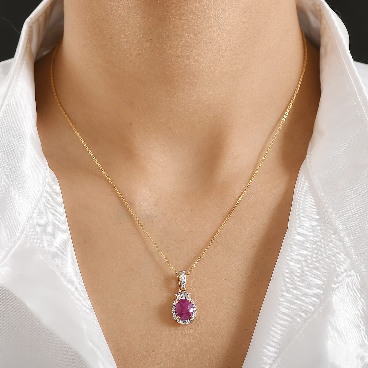 Premium Royal Ruby and Luxuriant Lab Grown Diamond G-H SI 3.15 ctw Pendant Necklace in 18K Vermeil Yellow Gold Over Sterling Silver 20 Inches image number 2