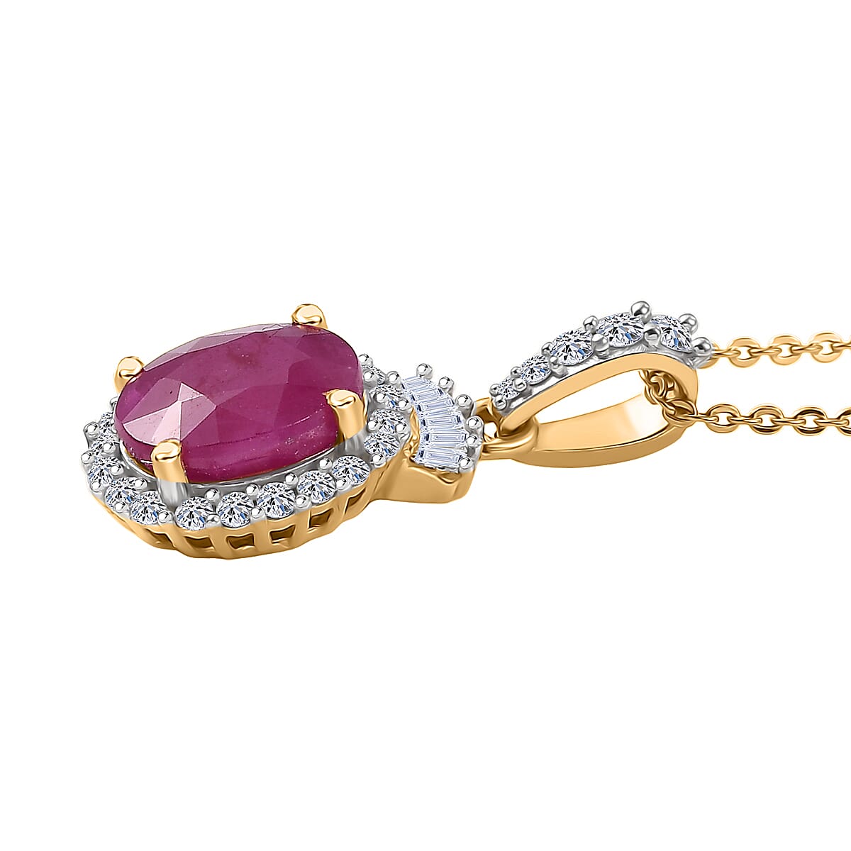 Premium Royal Ruby and Luxuriant Lab Grown Diamond G-H SI 3.15 ctw Pendant Necklace in 18K Vermeil Yellow Gold Over Sterling Silver 20 Inches image number 3