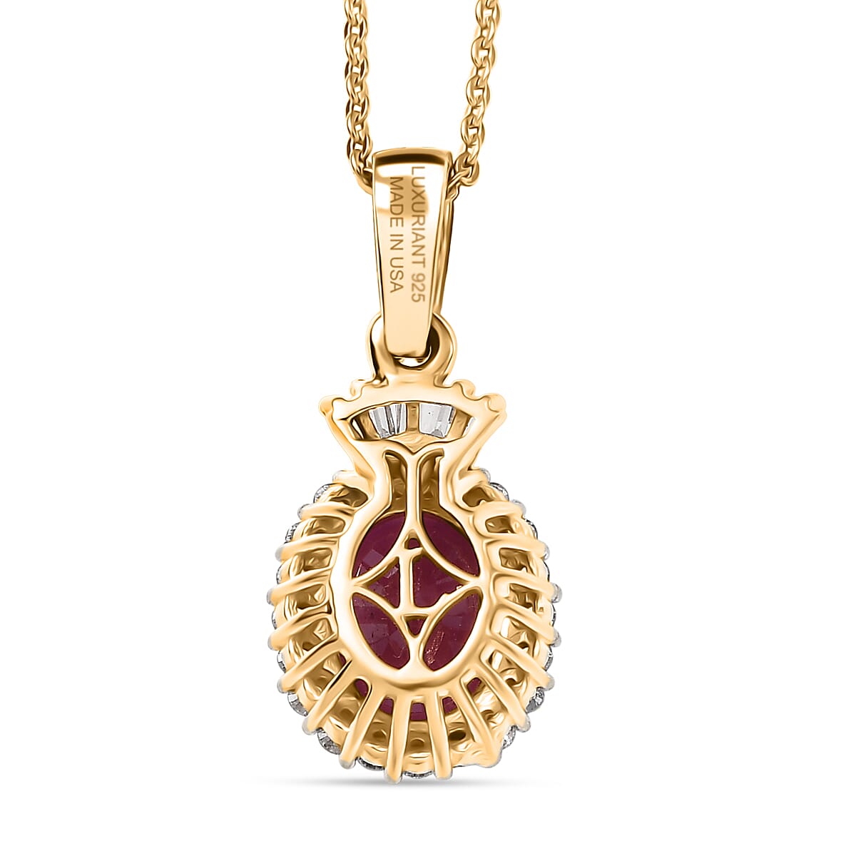 Premium Royal Ruby and Luxuriant Lab Grown Diamond G-H SI 3.15 ctw Pendant Necklace in 18K Vermeil Yellow Gold Over Sterling Silver 20 Inches image number 4