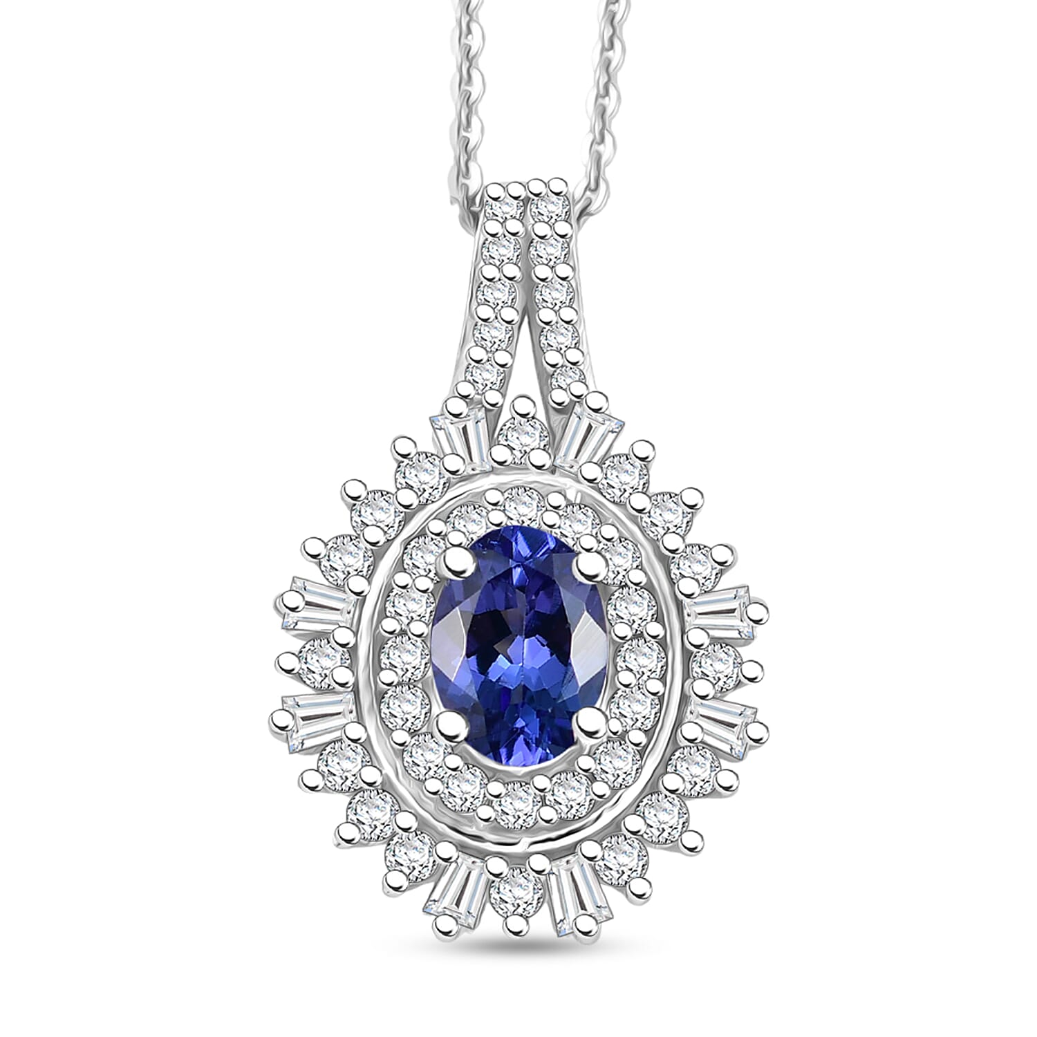 D'Joy AAA Tanzanite and Moissanite 1.50 ctw Starburst Majesty Pendant Necklace in Rhodium Over Sterling Silver 20 Inches