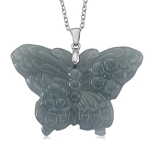Natural Olmec Jadeite 35.00 ctw Carved Butterfly Pendant Necklace in Rhodium Over Sterling Silver (20 Inches)