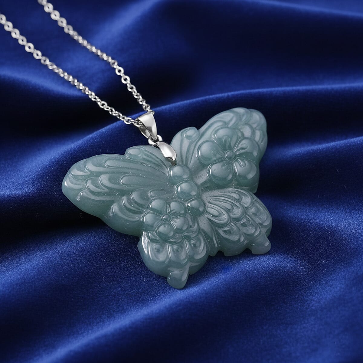 Natural Olmec Jadeite 35.00 ctw Carved Butterfly Pendant Necklace in Rhodium Over Sterling Silver (20 Inches) image number 1