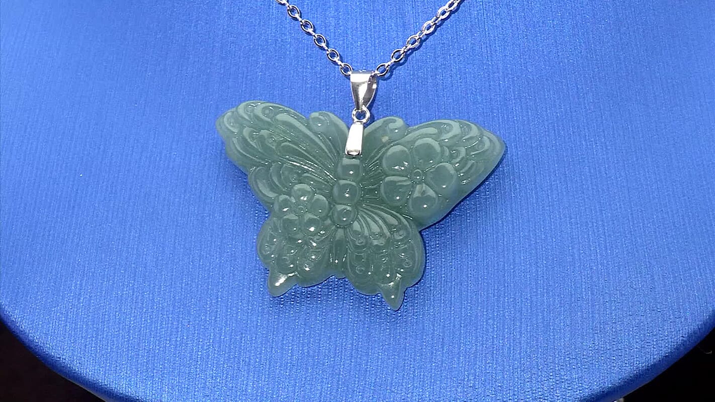 Natural Olmec Jadeite 35.00 ctw Carved Butterfly Pendant Necklace in Rhodium Over Sterling Silver (20 Inches)